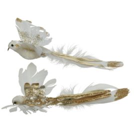 Uccello con piume bianco oro h22cm